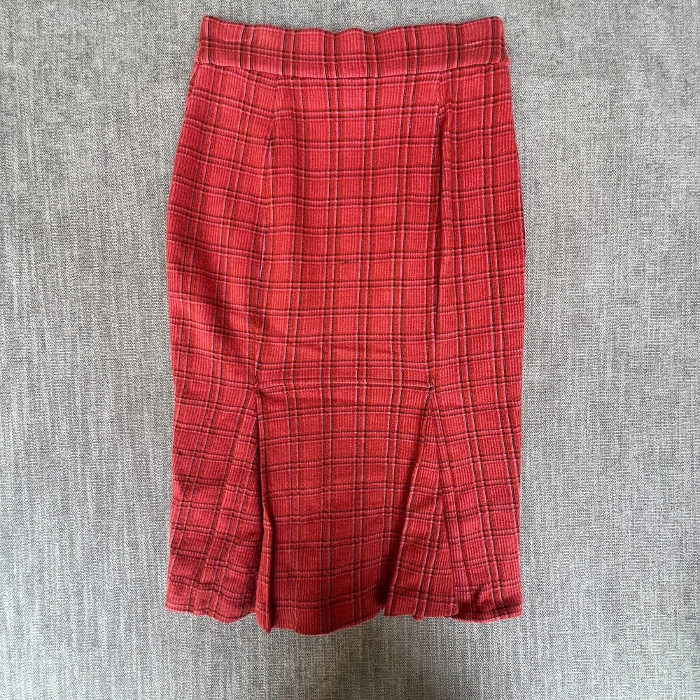 Diane von Furstenberg DVF Midi Skirt Womens 4 Red Plaid Knit Pleated Hem Stretch